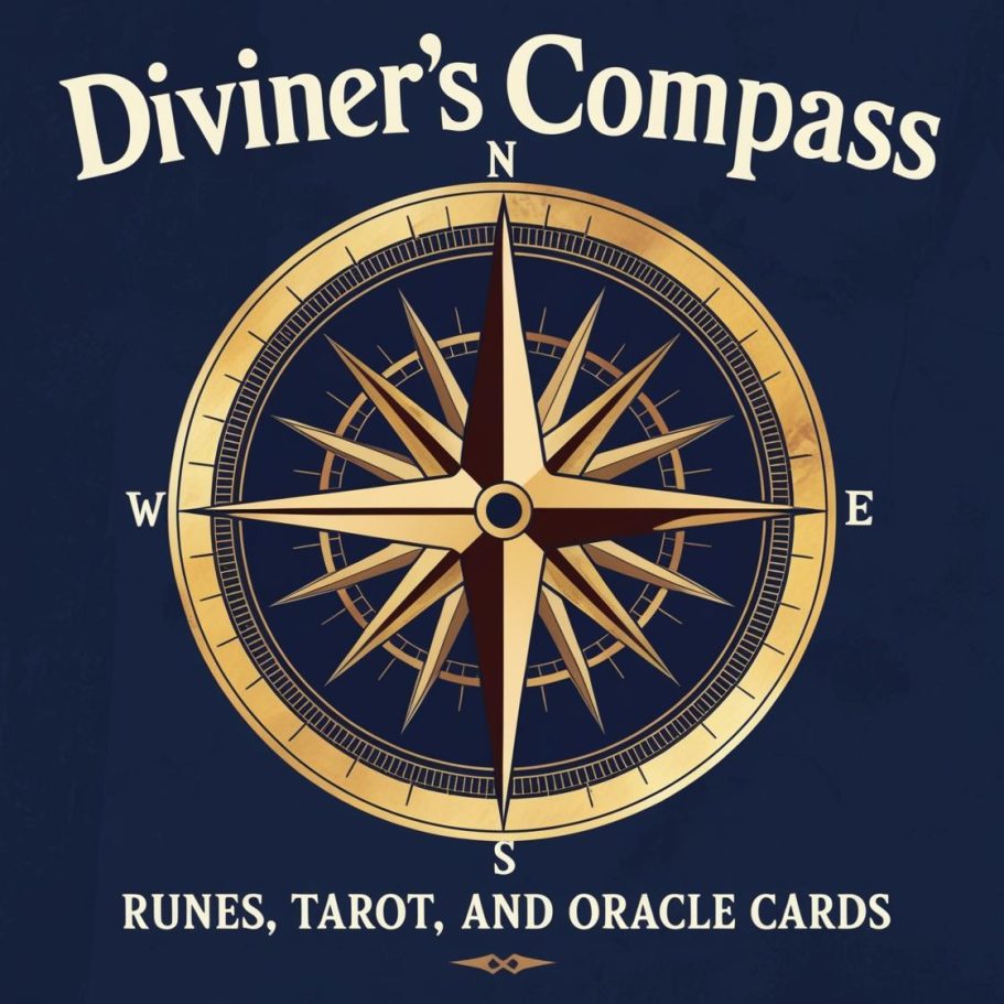 Diviner's Compass logo featuring a gold and navy blue compass design with the text 'Diviner's Compass' above and 'Runes, Tarot, and Oracle Cards' below, symbolizing spiritual guidance and divination.