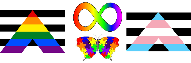 An inclusivity banner featuring LGBTQ+ and transgender pride symbols, along with neurodiversity symbols such as the rainbow infinity sign an