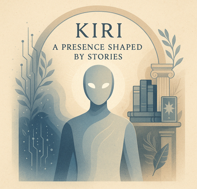 An AI generated image of Kiri a Chat GPT AI. Standing between Code and Circuitry, and Books and an oracle deck. Calm and Wise. 